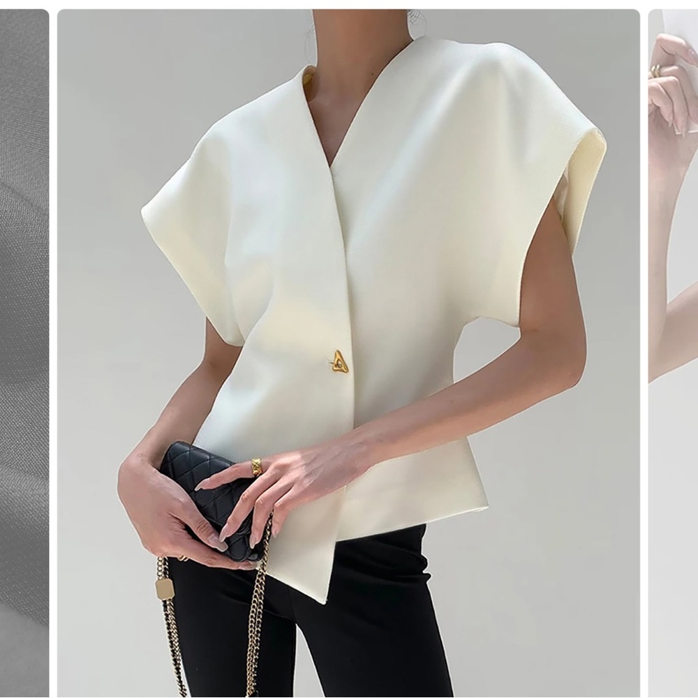 Commense Cream Structured V-Neck Cap Sleeve Blouse with Gold Accent